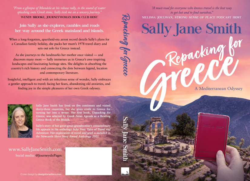 A book cover titled Repacking for Greece. It shows the author's hand holding her mother’s tiny 1978 travel journal, complete with scuffed red covers, in front of an archaeological site. The site is the Sanctuary of Athena Pronaia near Delphi, and the photo shows the three remaining columns of what was once a circular temple, standing under glorious dawn-lit skies. 